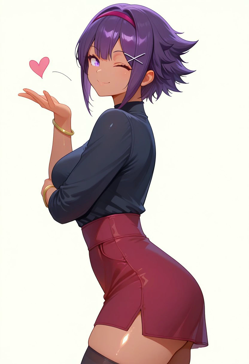 masterpiece, best quality, 1girl, solo, beautiful eyes, himari_dwno, purple eyes, purple hair, short hair, tan skin, black shirt, bracelet, high-waist skirt, red skirt, black thighhighs,  <lora:SerenaPokemonIXL_v2:1.0>,   , upper body, side view, smile, looking at viewer, shiny skin, blowing kiss, wink, cheesy smile, freebos_smoothiestyle