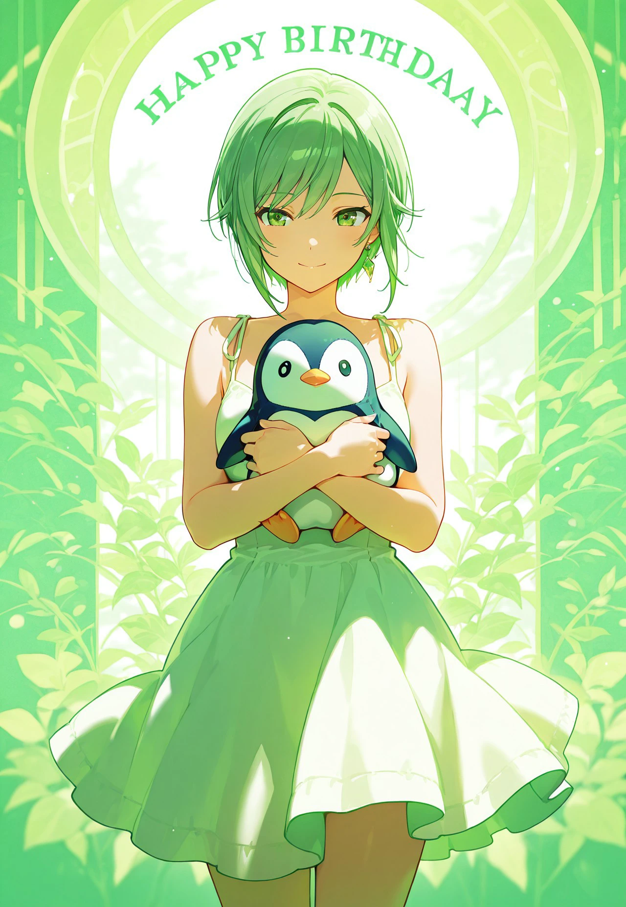 masterpiece, best quality, colorful, shiho_h, happy birthday, white dress, holding penguin doll, green theme, happy