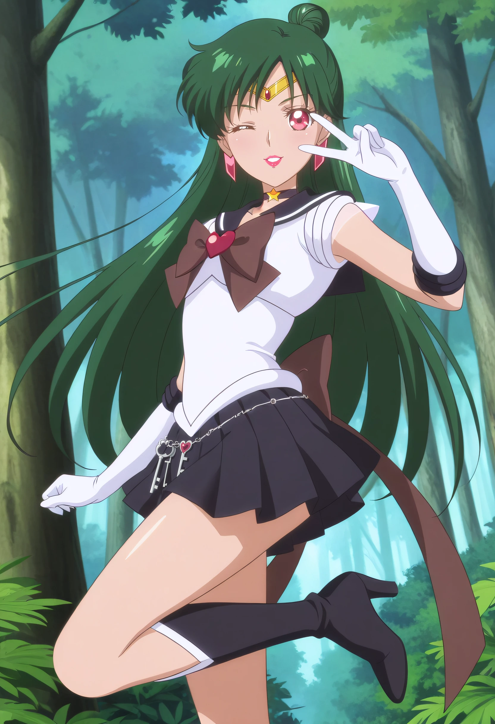 s41plu, 1girl, red eyes, green hair, hair bun, v over eye, one eye closed, sailor senshi uniform, circlet, sailor collar, brown bow, star choker, heart brooch, black skirt, high heel boots, black boots, elbow gloves, key, earrings, lipstick, back bow, smile, cowboy shot, parted lips, solo, looking at viewer, standing on one leg, pose, outdoors, forest, masterpiece, best quality, amazing quality, highres, absurdres, very aesthetic, high resolution, ultra detailed, perfect details, anime coloring, anime screencap, <lora:Sailor_Pluto-Sailor_Moon_Eternal-ilibibu-IL-v1:0.8>