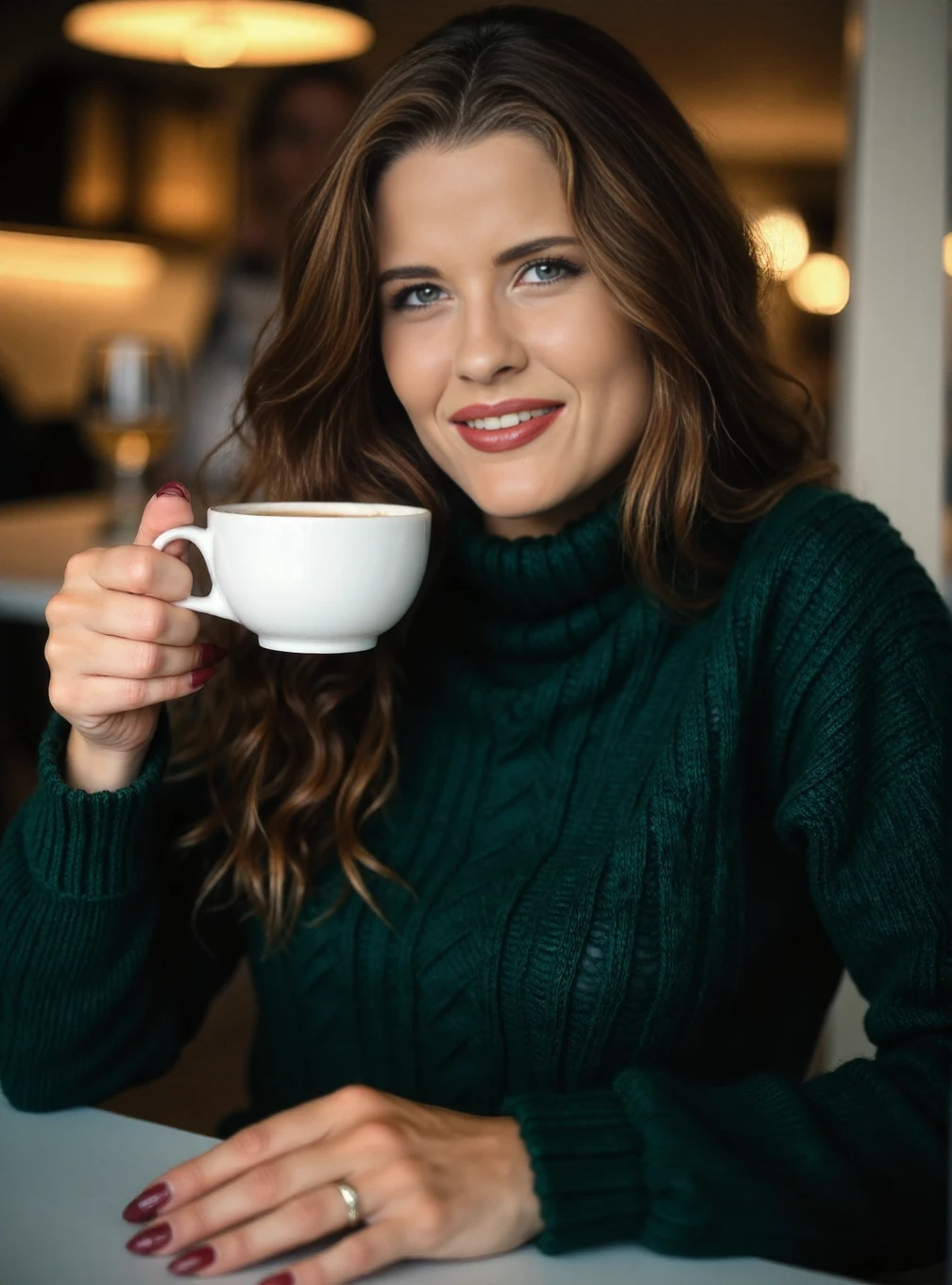 A professional photograph of Cathleen_Raymond wearing a dark green cableknit sweater in a cafe, holding a latte, detailed skin, bokeh, female focus, SFW, smiling <lora:Cathleen_Raymond_aka_Gabrielle_Scream:1>
