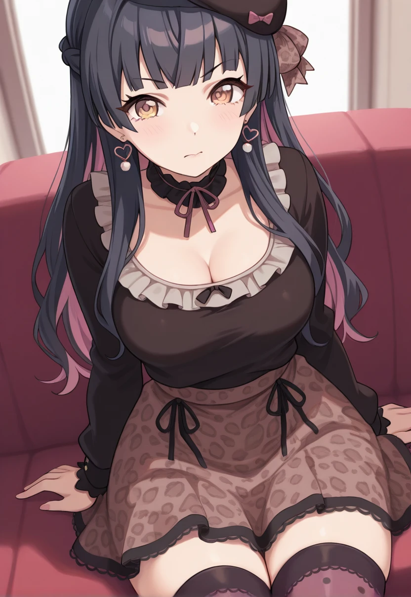 masterpiece, best quality, mayuzumi_fuyuko, gothic dress, solo, 1girl, hat, shirt, stocking, beret, breasts, cleavage, thighhighs, leopard print skirt, long hair, sitting, <lora:Illustrious_gothic_dress_mayuzumi_fuyuko_é»å¬_åªå­_idolmaster:1>, black hair,