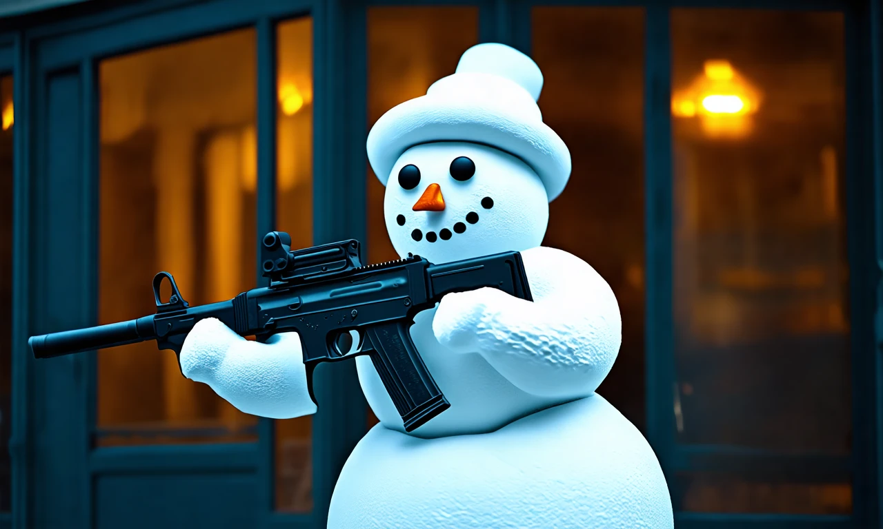 a cinematic scene of a snowman with an assault rifle robbing a bank, 4k raw hdr