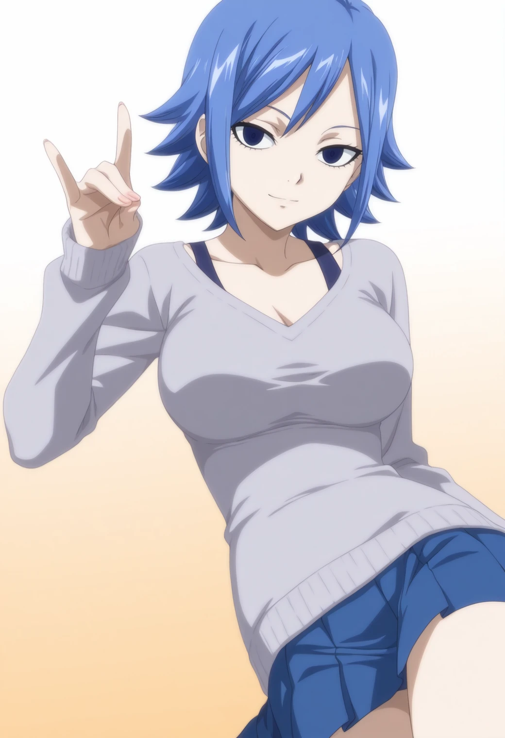 masterpiece, best quality, amazing quality, anime screencap, anime anime coloring,  solo, 1girl,  <lora:DX888JuviaIL2:1>whitejuvia, blue hair, blue eyes, short hair,  taut sweater, grey sweater, scoop neck, tied sweater, miniskirt, lowleg skirt, pleated skirt, blue skirt,,light smile,  BREAK gradient background, white  background,, simple background, BREAK  reclining,, (dynamic pose:1.2),   cowboy shot, fox shadow puppet,