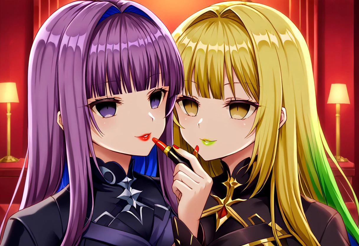 anime, two females, empty eyes, hypnotized, expressionless, blank expression, evil smile, lipstick, eye shadow, applying lipstick, holding lipstick tube, red lipstick, yellow lipstick, green lipstick, blue lipstick, purple lipstick, black lipstick, long hair, colorful hair