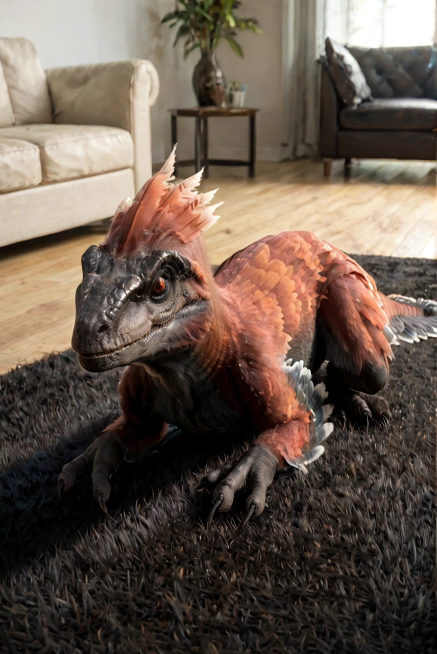 source_furry, score_9, score_8_up, score_7_up, (pyroraptor_jwe, dinosaur, feral, chibi, cute), scalie, feathers, detailed feathers, black feathers, red feathers, multicolored feathers, feathered arms, red eyes, slit pupils, detailed eyes, teeth, sharp teeth, claws, digitigrade legs, tail, <lora:JWE_PyroraptorPony:0.8>, indoors, living room, on carpet, ((black carpet)), look at viewer, looking cute, lying on stomach, zPDXL2, zPDXLpg, zPDXLrl, best quality, highly detailed, extreme details, masterpiece, photorealistic, hyperrealistic, ultra realistic, hdr, 4k, uhd, ray tracing, shaded