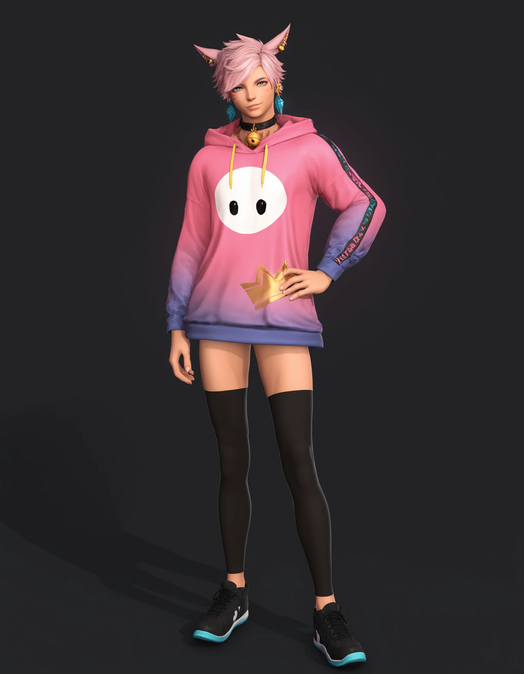 score_9, score_8_up, score_7_up, score_6_up, score_5_up, score_4_up, G3NTL3B34N, solo, animal ears, thighhighs, hood, hoodie, black thighhighs, miqo'te, hand on hip, cat ears, full body, male focus, collar, shoes, bell, looking at viewer, 1boy, simple background, short hair, black background, earrings, pink hoodie, hood down, neck bell, standing, long sleeves, braid, jewelry, piercing, sneakers, black footwear, <lora:6e105735-83ba-4f0e-9bf0-d07f116e51d9:0.7>