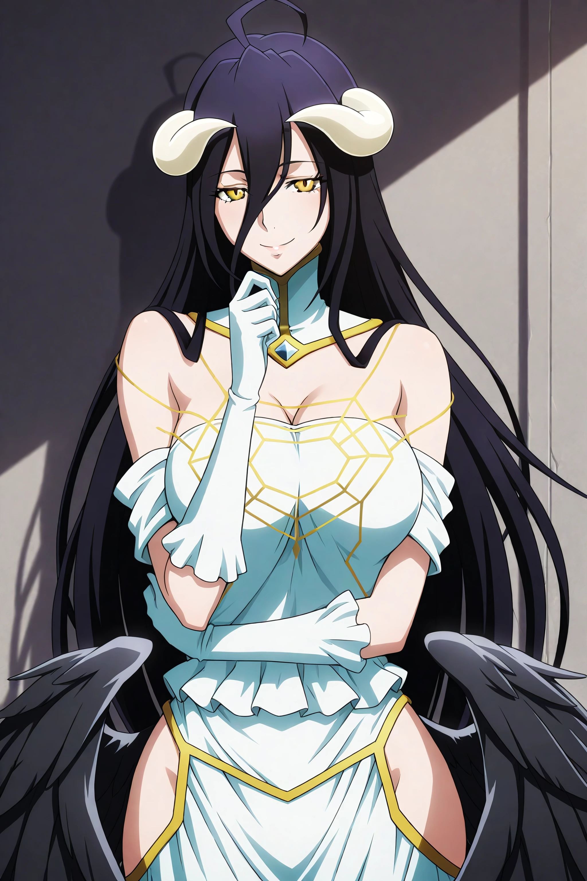 albedo_overlord, defaultoutfit, 1girl, solo, long hair, wings, horns, gloves, black hair, yellow eyes, dress, black wings, white gloves, demon girl, large breasts, ahoge, white dress, demon horns, bare shoulders, looking at viewer, hip vent, low wings, very long hair, feathered wings, feathers, dark alleyway background, seductive smile, cowboy shot<lora:Albedo-IllustriousXL:1>, (masterpiece),(best quality),(ultra-detailed),(best illustration),(best shadow),(absurdres),(detailed background),(very aesthetic),
