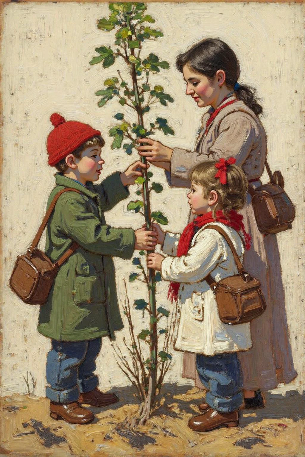tomthom1 painting.
three people interacting with a small plant. On the left side, there are two children, a boy and a girl. The boy, dressed in a green coat, red hat, and blue pants, holds a brown bag over his shoulder. The girl, wearing a white coat, red scarf, and blue pants, has a red ribbon in her hair and carries a brown bag over her shoulder. They both look towards a woman on the right. <lora:tomthom1_cap_d6a3:1.0><lora:815397058937649467:0>