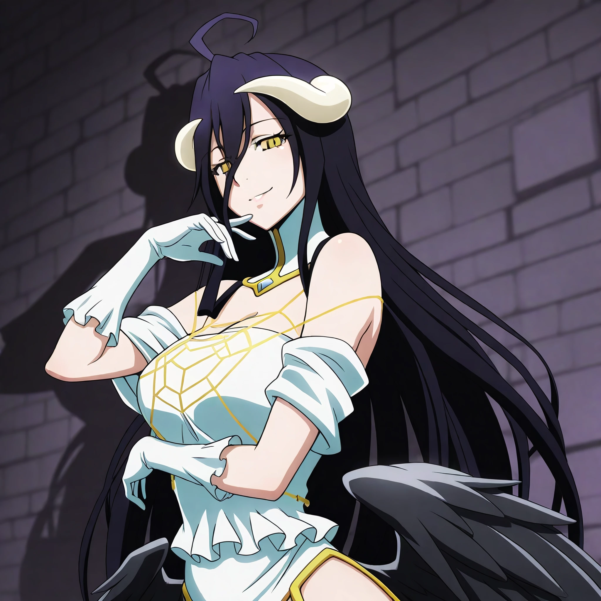 albedo_overlord, defaultoutfit, 1girl, solo, long hair, wings, horns, gloves, black hair, yellow eyes, dress, black wings, white gloves, demon girl, large breasts, ahoge, white dress, demon horns, bare shoulders, looking at viewer, hip vent, low wings, very long hair, feathered wings, feathers, dark alleyway background, seductive smile, upper body<lora:Albedo-IllustriousXL:1>, (masterpiece),(best quality),(ultra-detailed),(best illustration),(best shadow),(absurdres),(detailed background),(very aesthetic),