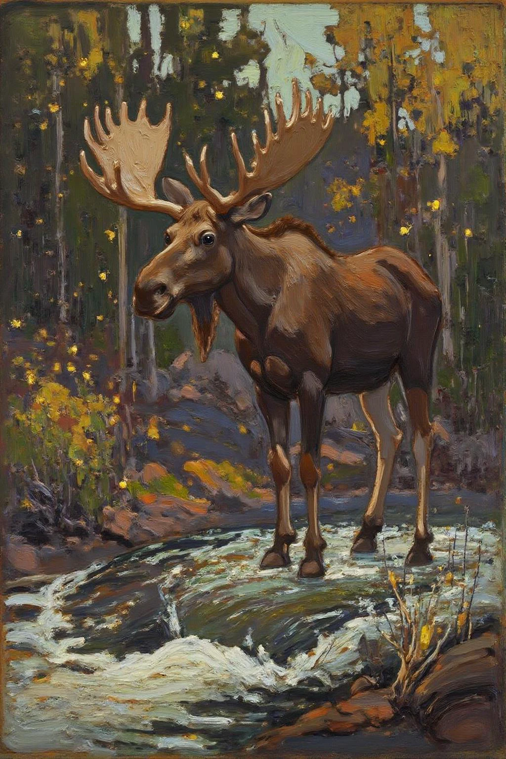 tomthom1 painting.
A gentle moose with golden antlers stands near a crystalline stream, its reflection shimmering as fireflies dance around it in soft twilight. <lora:tomthom1_cap_d6a3:1.0><lora:815399343860291263:0>