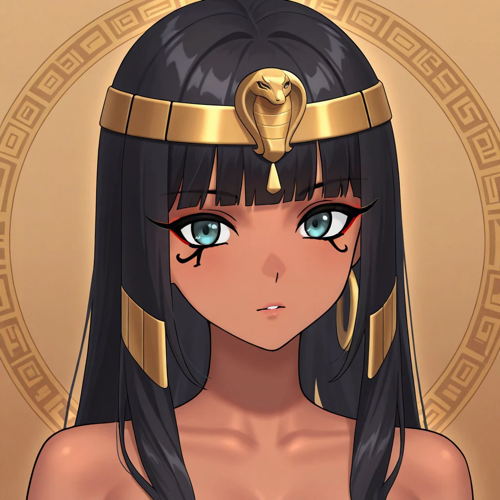 masterpiece, best quality, newest, absurdres, highres,  anime, aninme, anime style, egyptmakeupv1, makeup, eyliner, 1girl, egyptian, egyptian female, dark skin, dark-skinned female, black hair, ancient egyptian