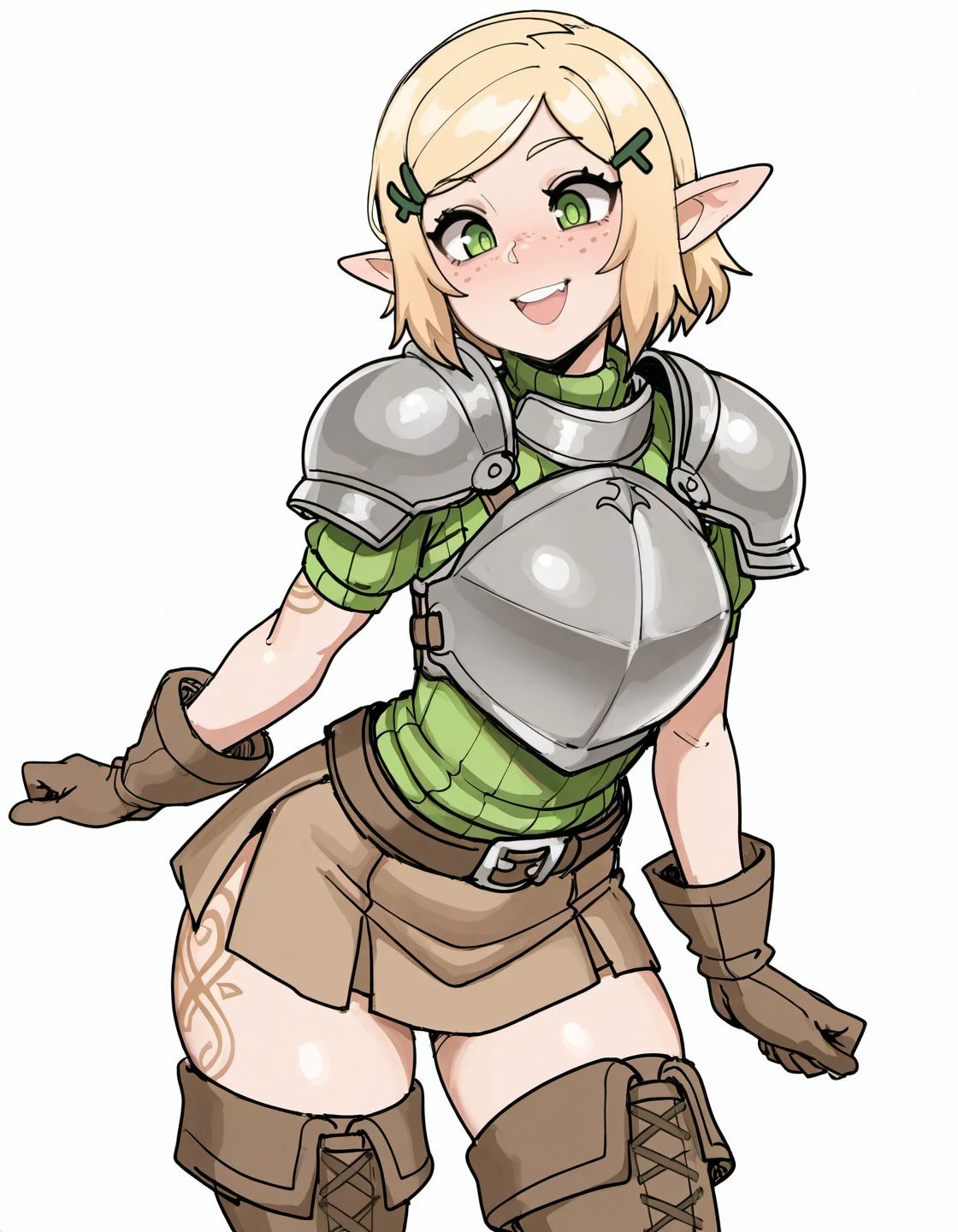 masterpiece, best quality, ultra-detailed, 1 girl, goblin girl, female goblin, goblin, 1girl, green skin, long pointy ears, white hair, long braided hair, blue eyes, bangs, medium breasts, smile, belts armor, shield, curvy