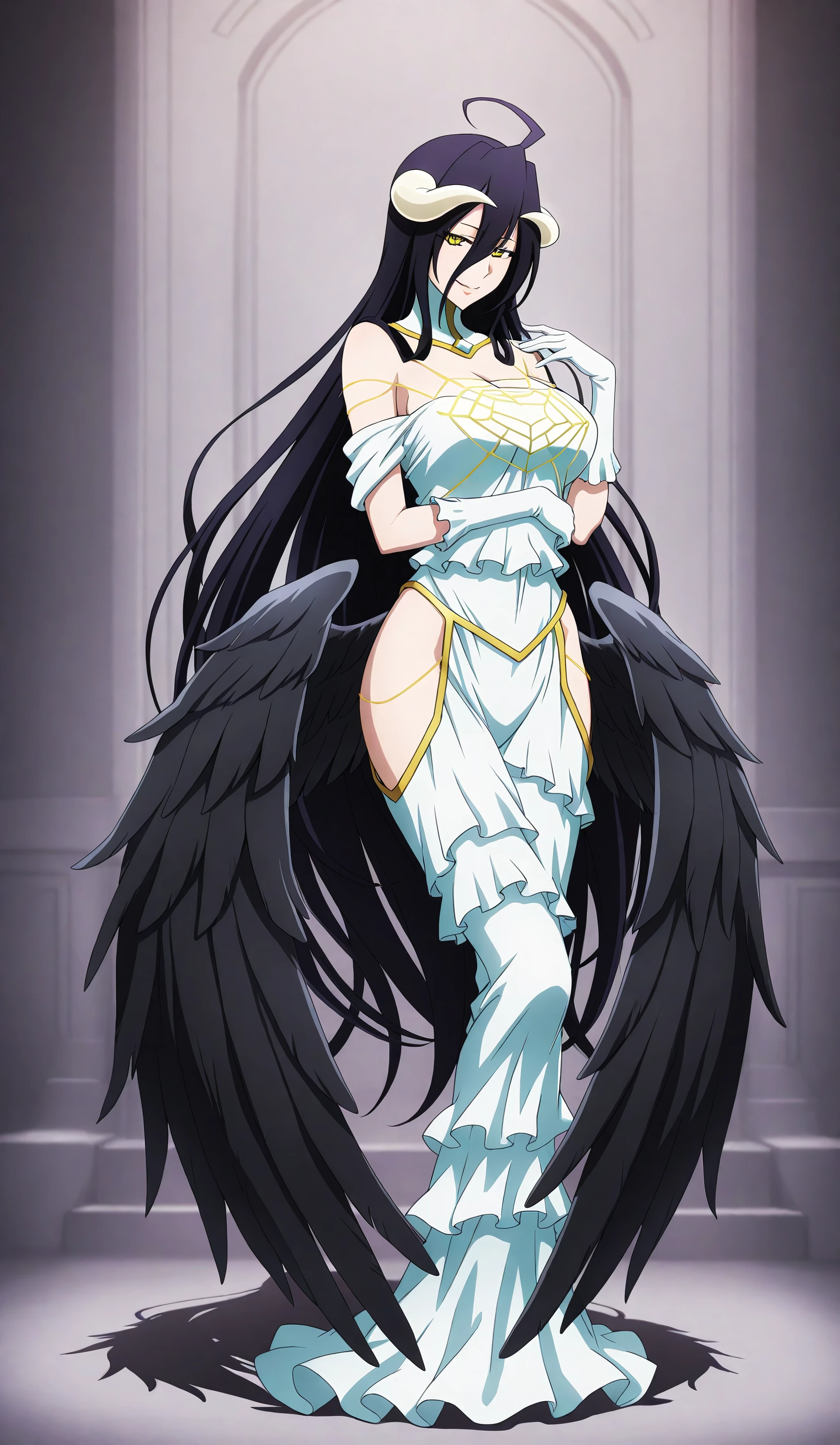 albedo_overlord, defaultoutfit, 1girl, solo, long hair, wings, horns, gloves, black hair, yellow eyes, dress, black wings, white gloves, demon girl, large breasts, ahoge, white dress, demon horns, bare shoulders, looking at viewer, hip vent, low wings, very long hair, feathered wings, feathers, dark alleyway background, seductive smile, full body<lora:Albedo-IllustriousXL:1>, (masterpiece),(best quality),(ultra-detailed),(best illustration),(best shadow),(absurdres),(detailed background),(very aesthetic),