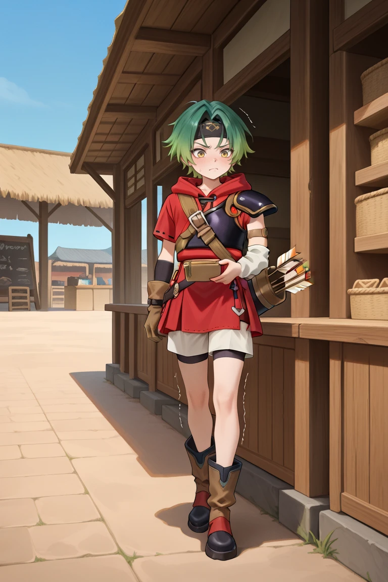 <lora:MizerIL:0.5>, MzeDef, MzeAlt, 1boy, short hair, green hair, gradient hair, yellow eyes, headband, black headband, shoulder pads, black shoulder pads, red hood, hood down, red shirt, shoulder belt, buckle, muneate, brown muneate, arm warmers, white arm warmers, asymmetrical clothes, arm strap, white shorts, shorts under skirt, microskirt, red skirt, gloves, single glove, boots, quiver, arrow (projectile), full body, frown, holding up wallet, looking at wallet, grumbling, upset, exterior, marketplace, day, blue sky, masterpiece, very aesthetic, absurdres, best quality, amazing quality, high resolution, newest, very awa, <lora:illustrious_quality_modifiers_masterpieces_v1:0.8> , <lora:ChamIllustriousBackgroundEnhancer:0.5>,  (solo),