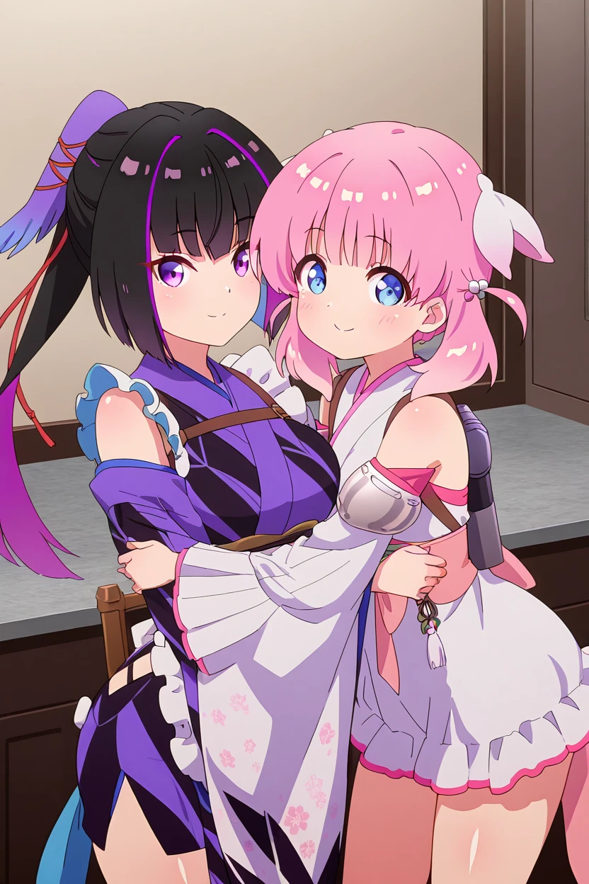 mmasterpiece, best quality, curvy, beautiful eyes,   2girls,   zzKarasuba, purple eyes, black hair, japanese clothes, kimono, bangs, purple kimono, apron, zzHaizakura, blue eyes, pink hair, twintails, medium hair, hair ornament, japanese clothes, kimono, detached sleeves, bare shoulders, white kimono, hair bobbles,  hug,  cowboy shot, smile, looking at viewer, shiny skin,  <lora:PrimaDoll_Style_IXL:1.0>,