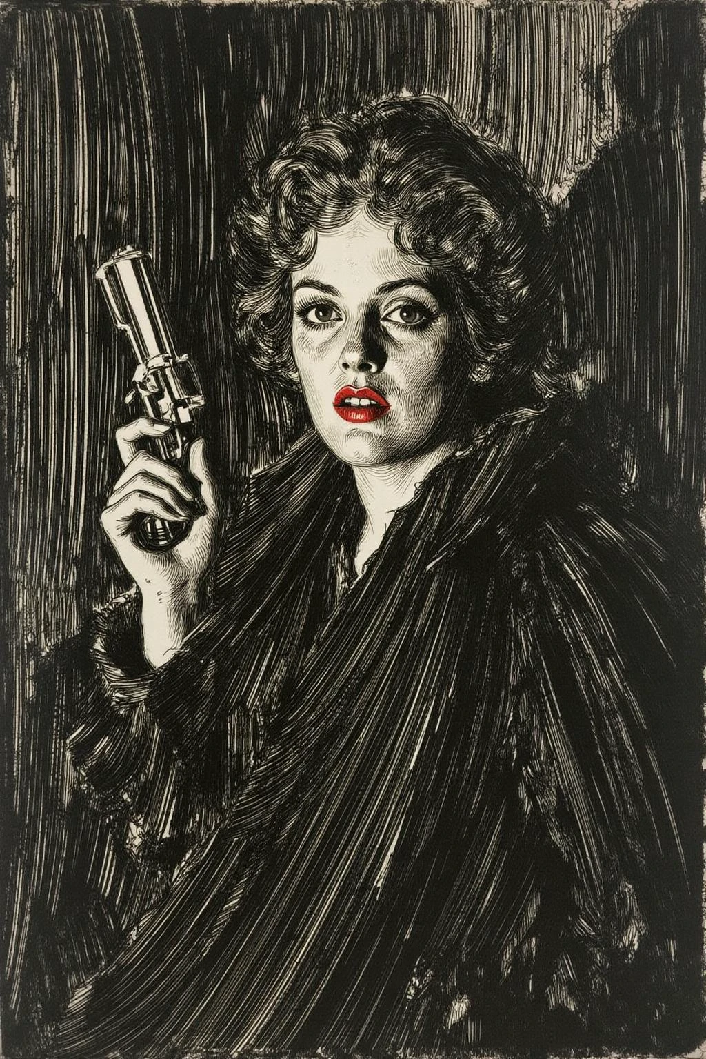 anzo1 black and white etching.
a mysterious woman with dark, wavy hair and piercing eyes stands in the shadows of a dimly lit room. She is holding a small revolver with a delicate yet firm grip. Her red lipstick is the only color that stands out in the darkness, her intentions unclear but dangerous. <lora:anzo1_nocap_d6a3:1.0><lora:815136272818610760:0>