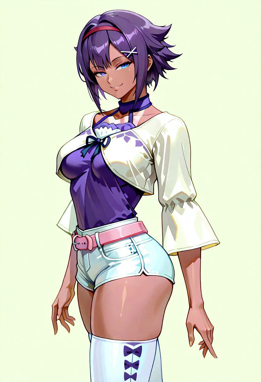 absurdres, 4k res, high quality, score_7_and_above, 1girl, solo, masterpiece, himari_dwno, purple eyes, purple hair, short hair, tan skin, purple shirt, baggy sleeves, belt, white short shorts, white thighhighs, boots, upper body, portrait, seductive smile, highly detailed, side view, looking at viewer, pastel colors, freebos_smoothiestyle