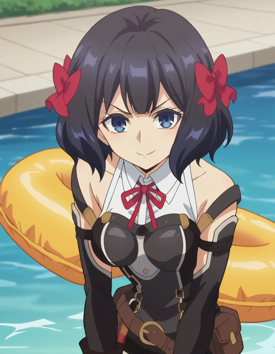 score_9, score_8_up, score_7_up, source_anime, <lora:tino-shade-s1-ponyxl-lora-nochekaiser:1>, tino shade, short hair, blue eyes, black hair, bow, hair bow, red bow, meduim breasts, anime screencap, gloves, elbow gloves, belt, fingerless gloves, shorts, black shorts, red ribbon, black dress, bare shoulders, detached collar,, pool, water, lifeguard, swim lane, float, , head rest, smile,, looking at viewer, solo,, cowboy shot, solo