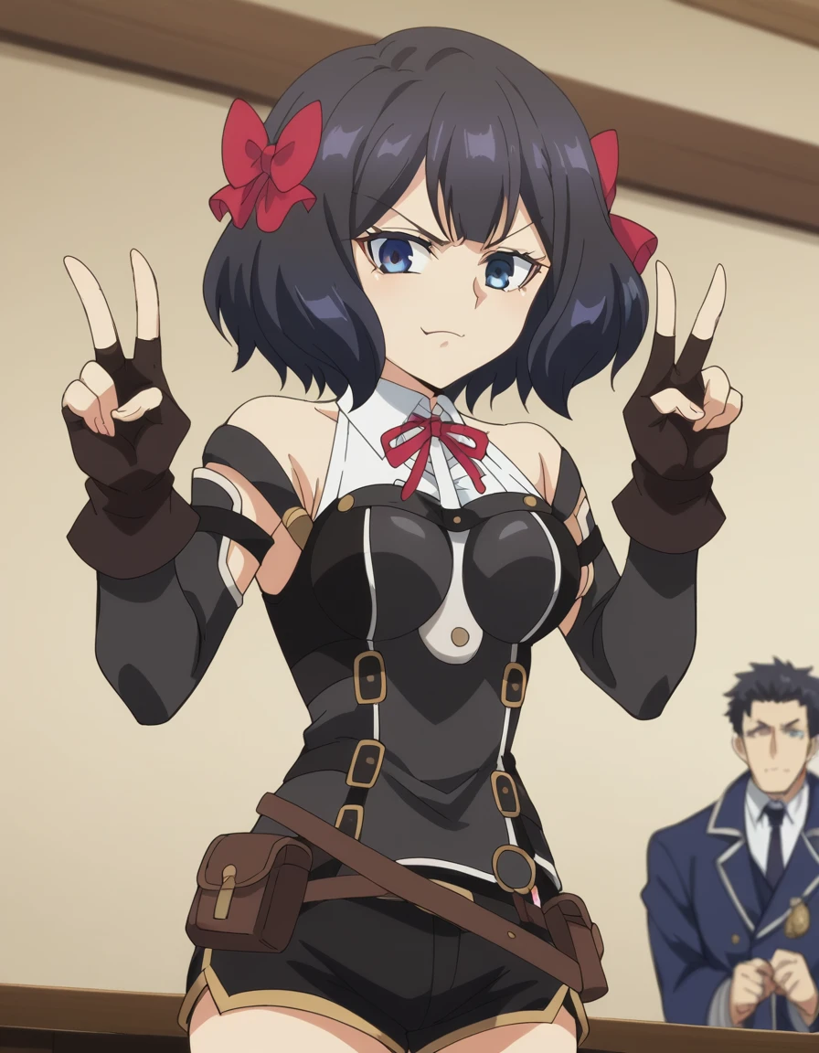 score_9, score_8_up, score_7_up, source_anime, <lora:tino-shade-s1-ponyxl-lora-nochekaiser:1>, tino shade, short hair, blue eyes, black hair, bow, hair bow, red bow, meduim breasts, anime screencap, gloves, elbow gloves, belt, fingerless gloves, shorts, black shorts, red ribbon, black dress, bare shoulders, detached collar,, courtroom, judge, witness stand, audience, formality, , v, v over mouth, smug,, looking at viewer, solo,, cowboy shot, solo