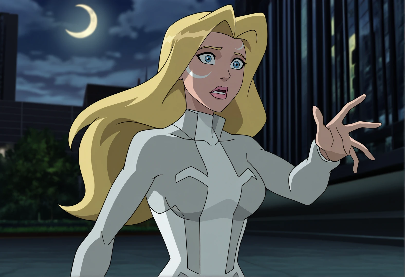 masterpiece,absurdres,best quality,very aesthetic,newest,volumtric lighting,female,solo,dggr,blonde hair, long hair, parted bangs, blue eyes, crescent moon tattoo,face tattoo,pink lips, white bodysuit, long sleeves, gray bodysuit, multicolored bodysuit, high collar<lora:Ultimatespidermanstyle:0.75>,ultsm99,city,outdoors,shocked