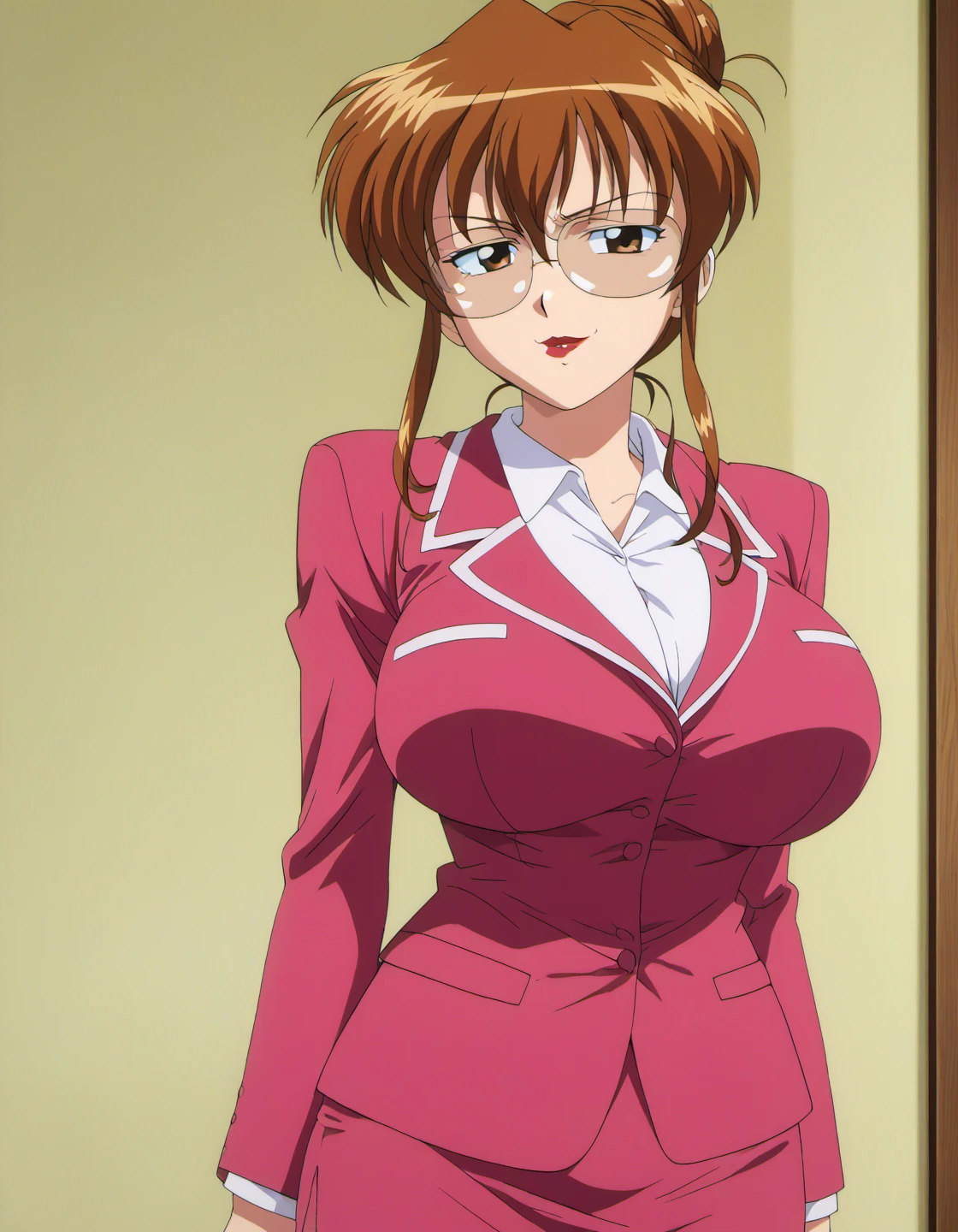 score_9, score_8_up, score_7_up BREAK 1girl, solo, shikijo saori, brown hair, single hair bun, brown eyes, glasses, lipstick, smug, huge breasts, business suit, red clothing, pencil skirt, cowboy shot, indoors, light theme, anime coloring, 1990s \(style\) <lora:shikijo_saori_pdxl_v1-l_bnt:0.6>