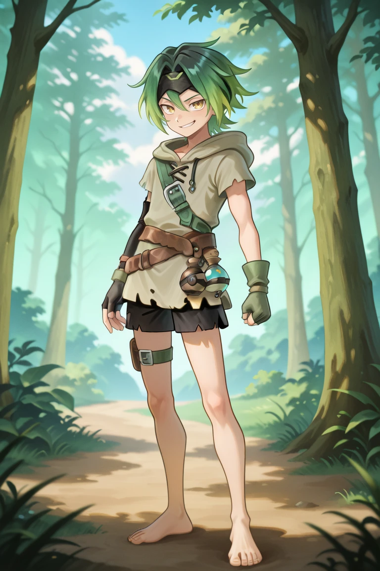 <lora:MizerIL:0.7>, MzeDef, 1boy, short hair, green hair, gradient hair, yellow eyes, gradient hair, short hair, green hair, headband, black headband, uneven sleeves, tunic, grey tunic, shoulder strap, hood down, hood, gloves, single fingerless glove, mismatched gloves, fingerless gloves, wristband, shorts, black shorts, thigh strap, torn clothes, crossed belts, barefoot, full body, forest, exterior, smirk, looking at viewer, clouds, masterpiece, very aesthetic, absurdres, best quality, amazing quality, high resolution, newest, very awa, <lora:illustrious_quality_modifiers_masterpieces_v1:0.8> , <lora:ChamIllustriousBackgroundEnhancer:0.5>,  (solo),