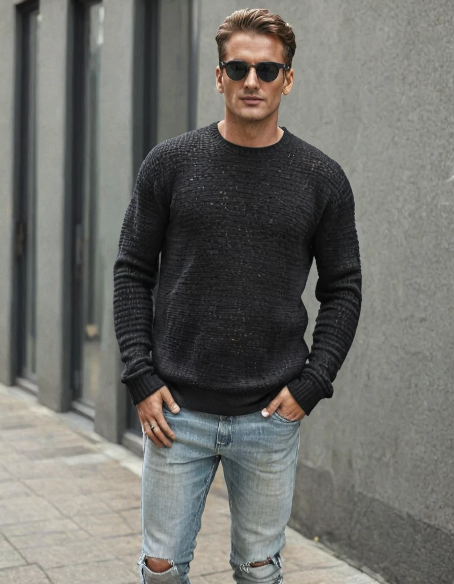 <lora:Modern_Casual_Street_Style-000017:1> moderncasual man with black textured sweater over white tshirt, transparent sunglasses and light jeans