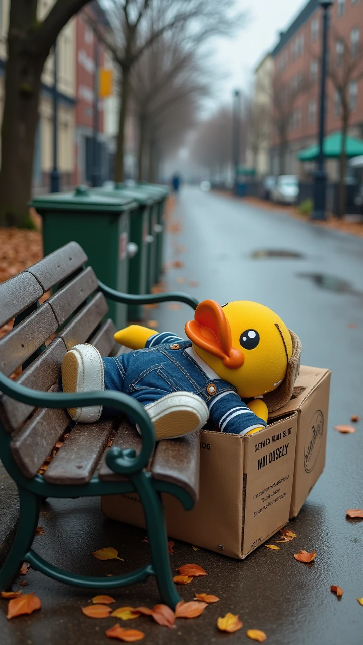 A life sized b. duck collapsed on a weathered park bench, wearing a blue striped sweater, stuffed into denim overalls and white sneakers, lying with its head tilted to one side, its head wrapped in a tattered box, awkwardly lying in a tattered cardboard box labeled with transportation details, with fallen leaves scattered on its feet. The urban background includes trash cans and a quiet and spacious street, emphasizing a sense of quiet obedience and humorous exhaustion. Cold and desolate