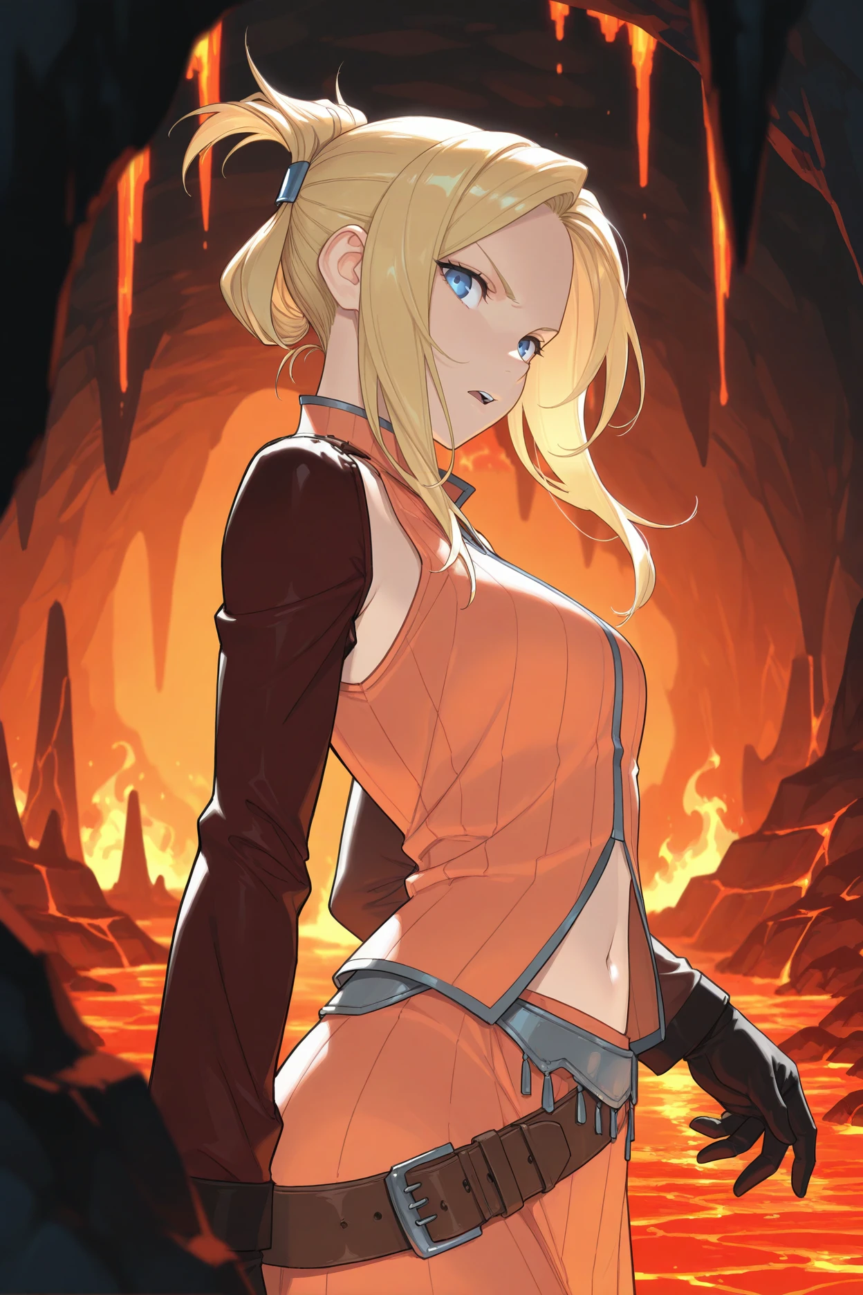 masterpiece, best quality, 1girl, solo, <lora:ffquistis-illu-nvwls-v1-000006:1> ffqsts, blonde hair, folded ponytail, blue eyes, detached sleeves, orange shirt, sleeveless shirt, navel, orange skirt, brown belt, gloves, looking at viewer, from side, serious, open mouth, cave, rocks, stalagmite, fire, lava