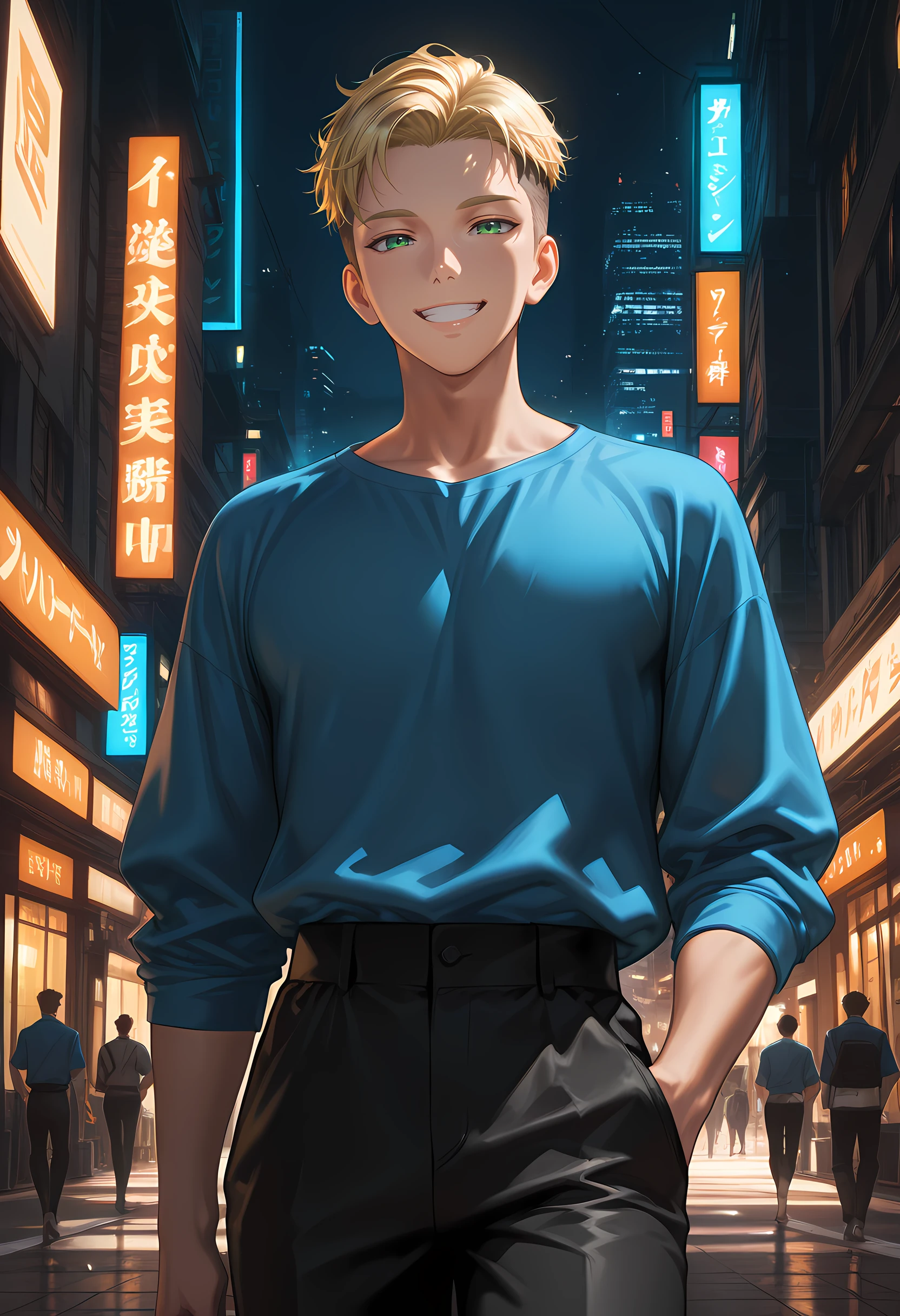 Smooth Quality - Illustrious, Masterpiece, source_anime, man, handsome, fit, blonde hair, undercut hair, green eyes, smiling happy, blue shirt, black pants, city, vivid colors, anime style, high-res, beautiful aesthetic, very intricate, high-quality details, vibrant, highly detailed, professional,