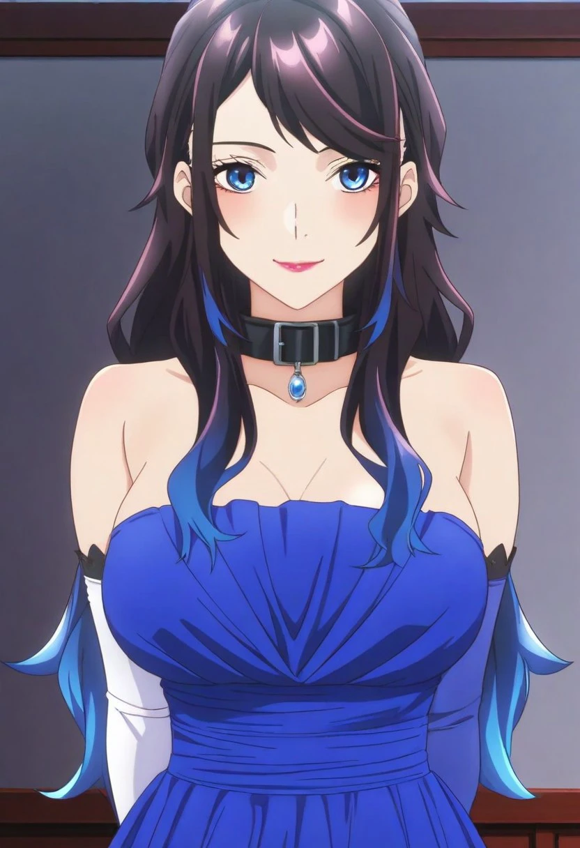 score_9, score_8_up, score_7_up, 1s2k41dech34tsk1ll,IsekaideCheatSkill,Isekai de Cheat Skill,   rating_safe,  1girl, solo, long hair, breasts, looking at viewer, blush, smile, bangs, blue eyes,  large breasts, black hair, closed dress, gloves, dress, bare shoulders, closed mouth,  blue hair, upper body, multicolored hair, elbow gloves, hair over one eye, collar, lips,  gradient hair, red lips,