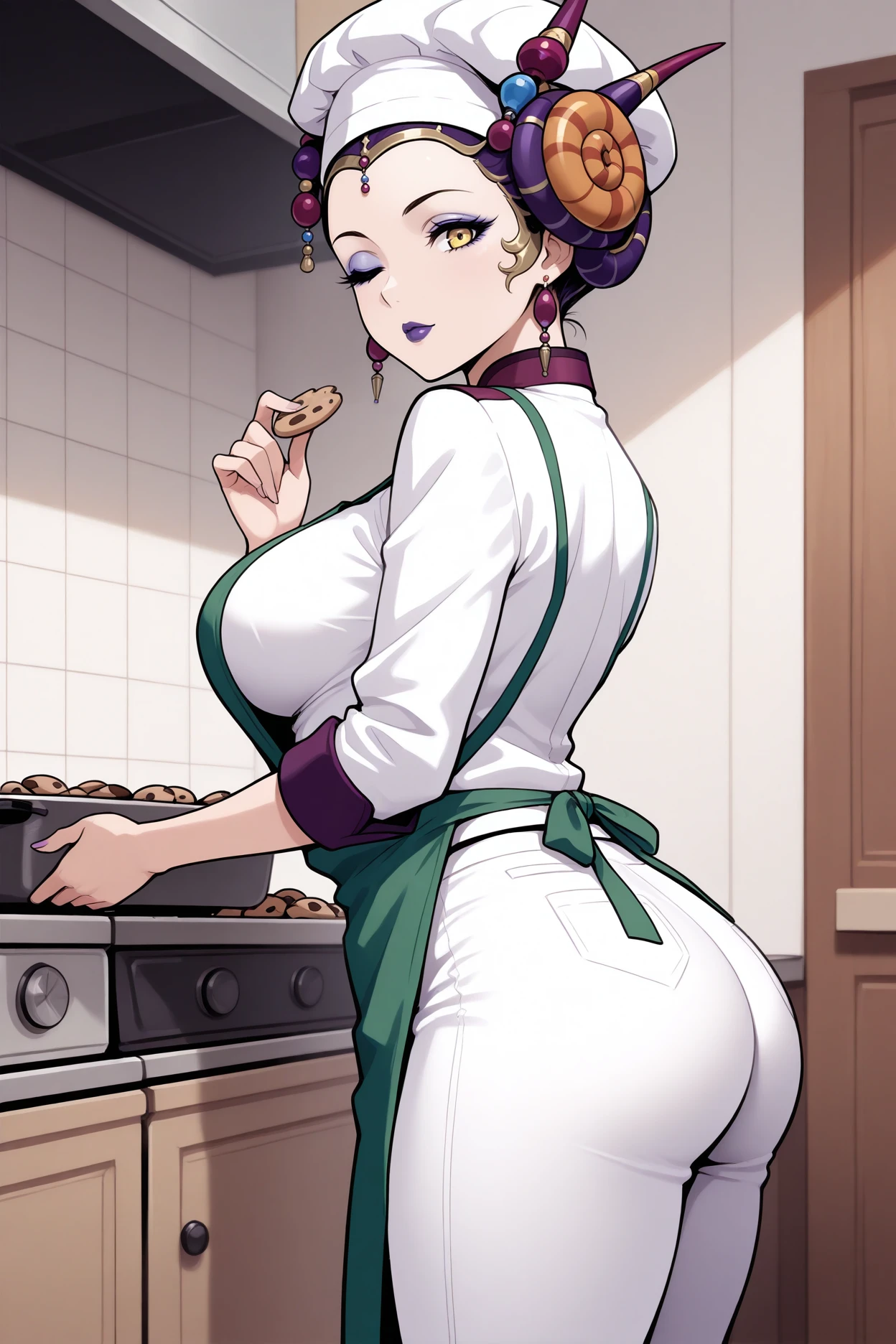 masterpiece, best quality, 1girl, solo  <lora:ffedea-illu-nvwls-v1_1-000006:1> ffedea, hair ornament, headdress, yellow eyes, eyeshadow, earrings, purple lipstick, green apron, white uniform, white pants, chef's hat, kitchen, large breasts, butt, from side, oven, holding cookie, wink, looking at viewer