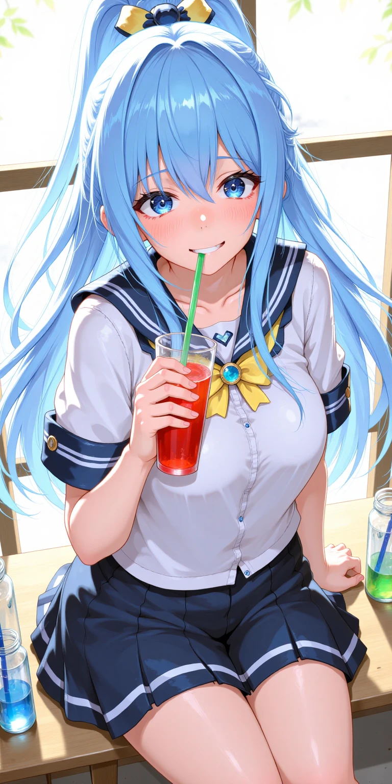 girl with long blue hair, wearing a school uniform, was drinking strawberry juice through a straw, her cheeks slightly red from the hot sun.,illustrious_style