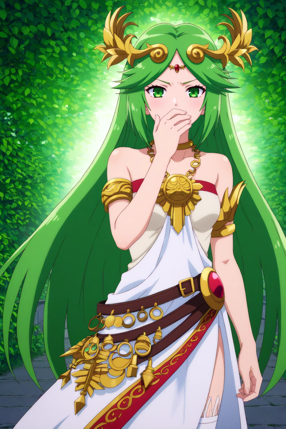 score_9, score_8_up, score_7_up, source anime, prefect lighting, very aesthetic, BREAK, anime coloring, anime screencap,
 <lora:palutena_v1-ponyv6:1>, 1girl, palutena, green eyes, green hair, parted bangs, long hair, 
paluout, laurel crown, white dress, strapless dress, bare shoulders, collarbone, neck ring, pendant, necklace, armlet, belt, side slit, white thighhighs, single thighhigh, mismatched footwear,
BREAK, looking at viewer,   Covering mouth with hand, clenched teeth, 
BREAK,