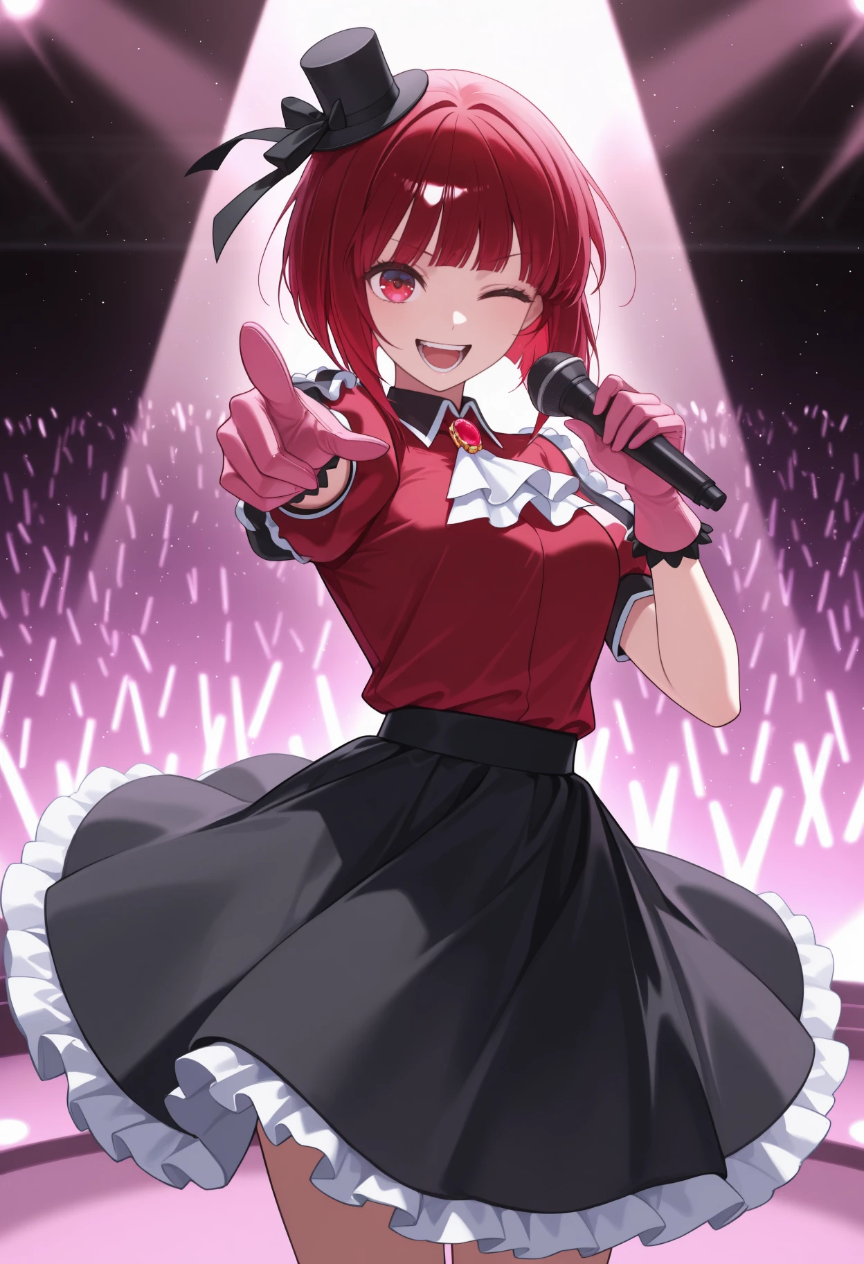 masterpiece, best quality, solo, 1girl, k4naidol, smile, open mouth, teeth, looking at viewer, standing, singing, holding microphone, pointing at viewer, short hair, red hair, bob cut, inverted bob, black headwear, mini top hat, hat ribbon, black ribbon, red eyes, one eye closed, idol clothes, frills, red shirt, collared shirt, white ascot, brooch, red gemstone, puffy short sleeves, frilled sleeves, pink gloves, black skirt, frilled skirt, concert, stage, spotlight, light particles
<segment:yolo-Anzhc Face seg 640 v2 y8n.pt,0.4,0.5//cid=1>