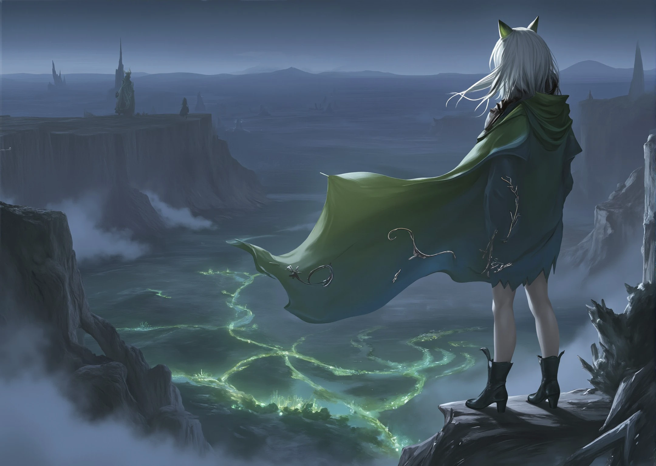 <lora:kaltsit-from-arknights-fluxv1:1.0> Kaltsit
Kaltsit stands majestically on a mist-covered cliff, wearing a flowing green cape over a simple black jumpsuit with silver embroidery resembling vines and leaves. Her outfit is designed to blend into the natural environment while still reflecting her elegance. She gazes out over a glowing valley filled with bioluminescent plants and alien structures, her hair catching the soft breeze.
Style:
Ethereal and dreamlike, with a blend of fantasy and sci-fi. The bioluminescent glow of the plants creates a soft, magical atmosphere, while the sharp cliffs and distant horizon add grandeur.
Camera effects:
The camera is positioned behind Kaltsit, capturing her silhouette against the glowing valley below. The mist softens the background, while her figure remains sharp and clear, emphasizing her connection to the landscape.