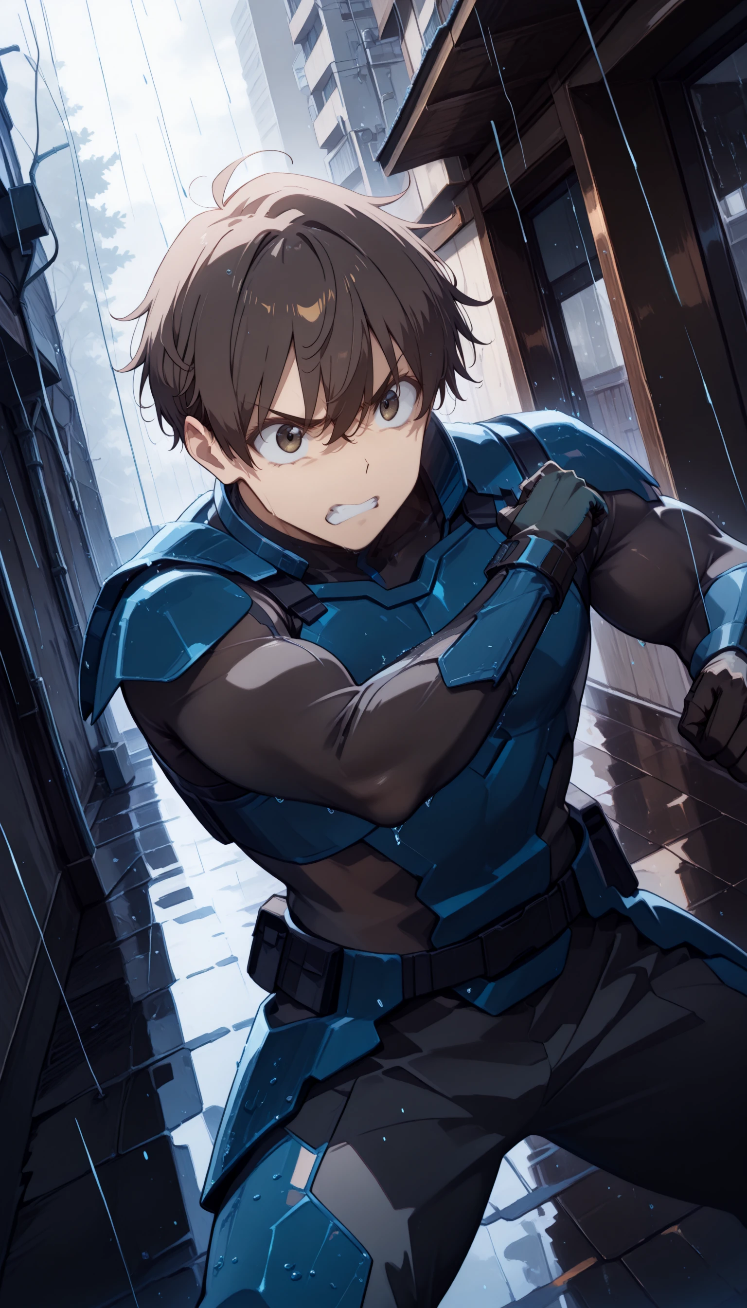 1boy, original, (solo:1.1), yamasetakeshi, male focus, mature male, fighting stance, brown eyes, clenched teeth, serious, v-shaped eyebrows, (ahoge:0.95), armor, blue armor, gloves, black undersuit, street, suburb, (rain:1.2), Tokyo, day, noon, cloudy sky, cinematic angle, cinematic lighting, dot nose, (anime coloring:1.0), recent, masterpiece, best quality, absurdres, very aesthetic, detailed <lora:Detailer_NoobAI_Incrs_v1:1> <lora:Takeshi_Yamase:1> <lora:illustrious_noobai_epsilon_pred_11_very_aesthetic_v1:1.0>