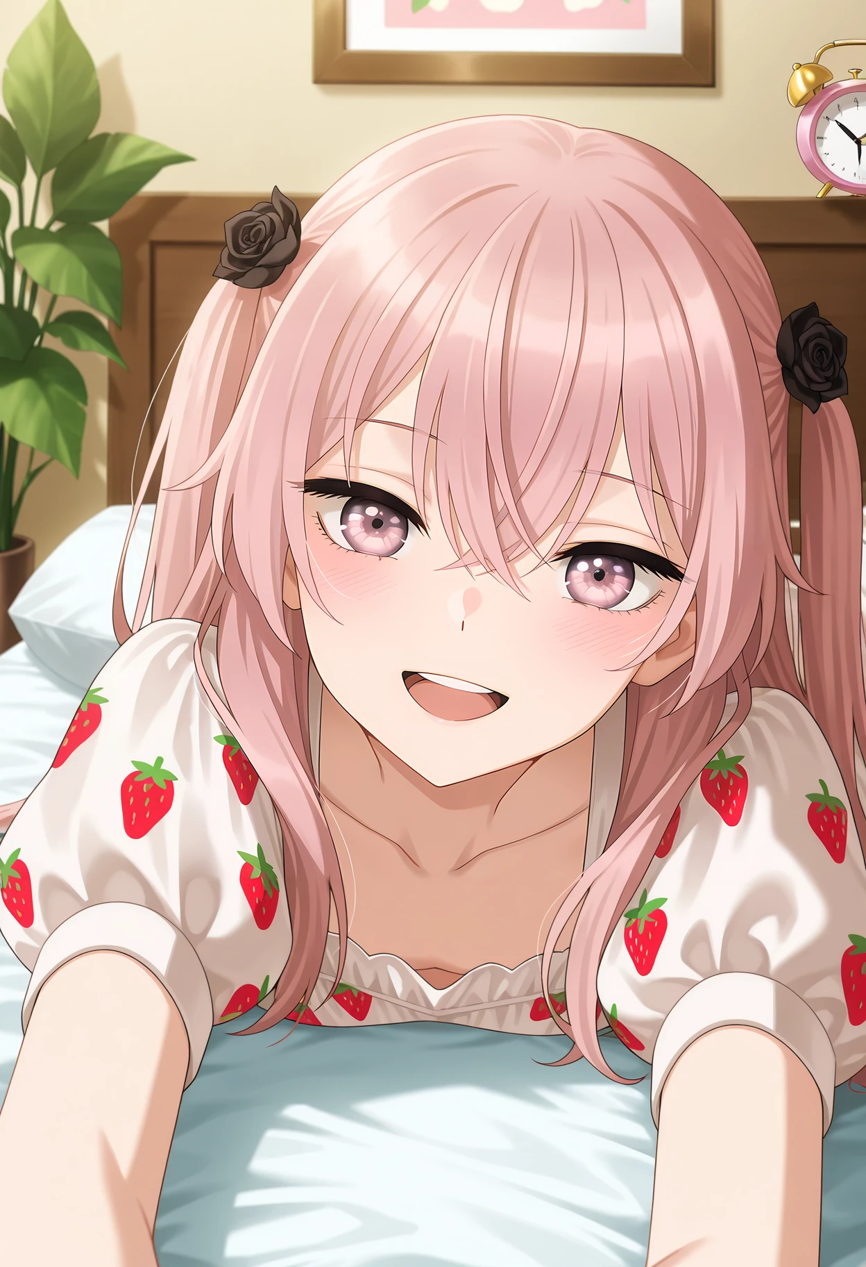 anime screencap, masterpiece, best quality,
<lora:SonoBisqueDoll_InuiSajuna_IlluXL:0.9>,
1girl, solo, open mouth, smile, upper teeth only, blush,
long hair, two side up, crossed bangs, pink hair, multicolored eyes, hair flower, black rose,
SajunaDress, white dress, puffy short sleeves, strawberry print, collarbone,
on bed, lying, on stomach, looking at viewer,
indoors, bed, bedroom, plant, alarm clock