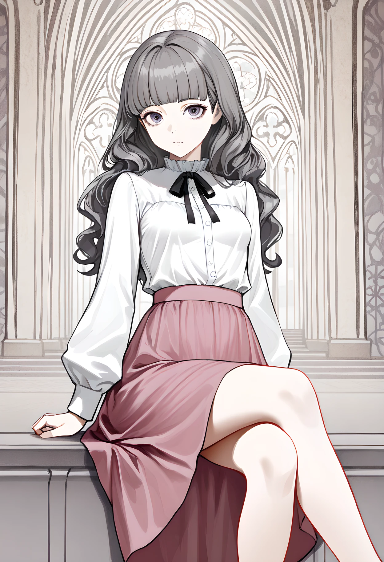 masterpiece, best quality, amazing quality, very aesthetic, absurdres, newest, 1girl, detailed face,
grey cathedral background, abstract background, distorted background,
<lora:marina_illustr2-000004:1> white shirt, pink skirt, long skirt, grey hair, mar1na_fear, small breasts, long sleeves, long hair, bangs, black ribbon, neck ribbon, blunt bangs,
sitting, crossed legs