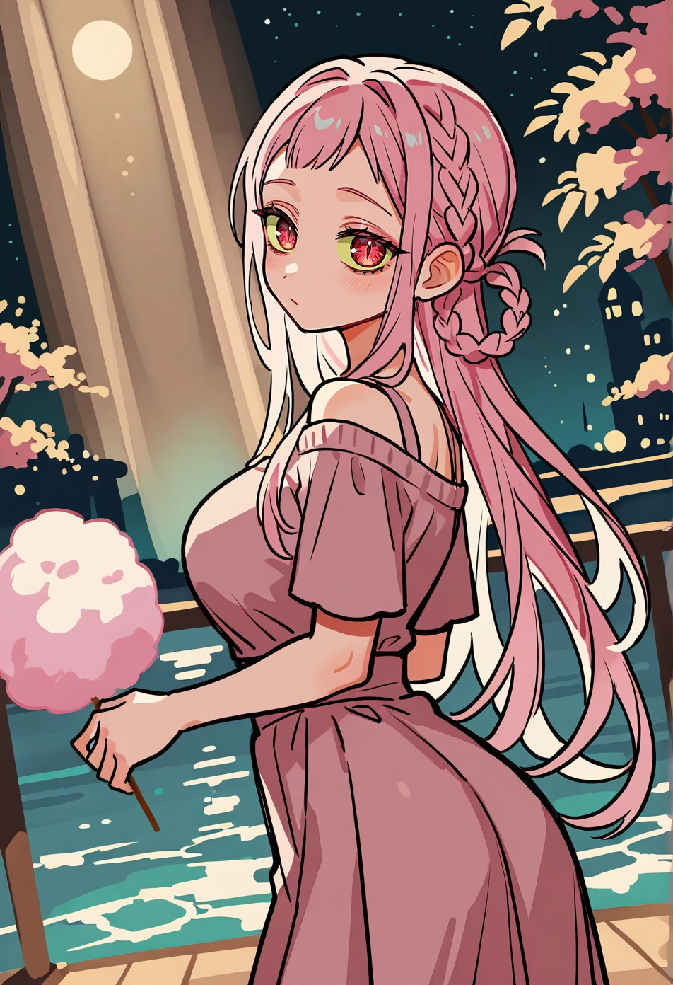 masterpiece,absurdres,best quality,very aesthetic,newest,((volumetric lighting)),female,solo,cotton candy pink hair,Faux Undercut Braid with Hair Rings,Pink and Gray,big breasts,red eyes,looking at viewer,green sclera,slit pupils,Starry Night skin,Off-shoulder jacket,short sleeves,sepia dress,pinafore dress,regretful,Quiet Riverbank with Willow Trees Drooping Over the Water,<lora:Aida_Iro_Toilet-Bound_Hanako-Kun_Manga_Style:0.6>, tbhkiro,(sketch:1.2),