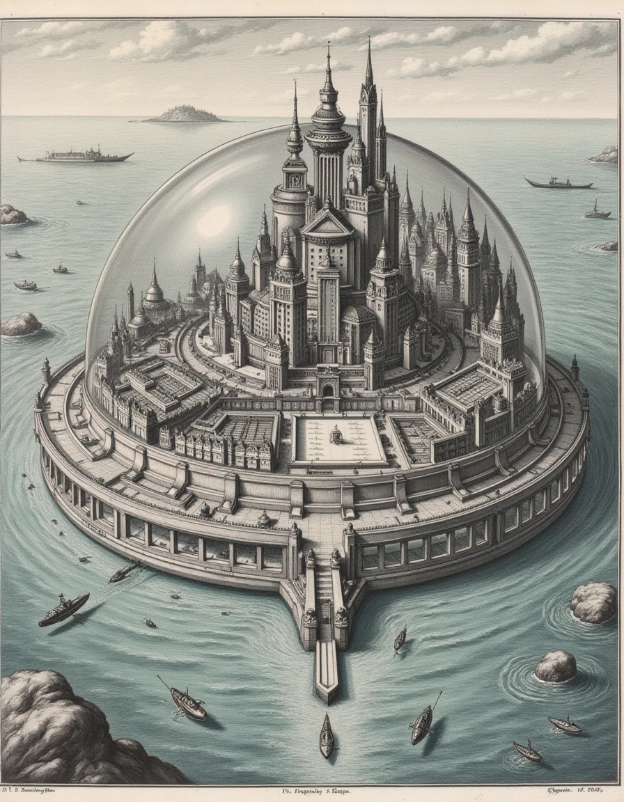 a dictymp top-down vintage engraved map, a vintage cityscape engraving map, Ocean Dome City, A panoramic map of a futuristic city entirely encased in a transparent dome, floating on the surface of a vast ocean. The city features tiered platforms with sleek, water-resistant buildings and aquaculture farms. Submersibles navigate the waters around the dome, while underwater tunnels lead to hidden facilities on the ocean floor., <lora:city-maps_v12-000040:1>
