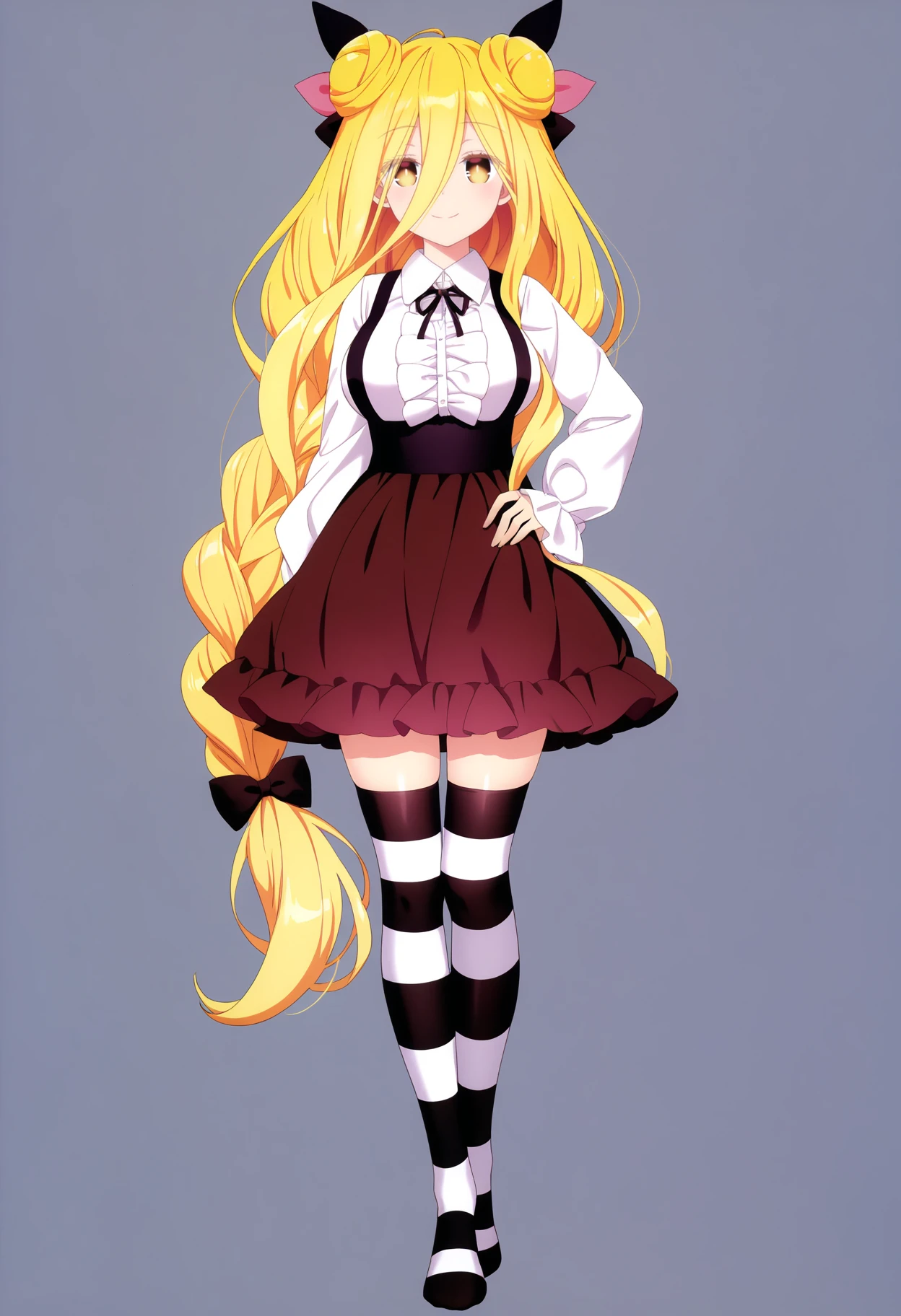 masterpiece, best quality, very aesthetic, absurdres,
1girl, mukurohoshimiya, single braid, blonde hair, very long hair, double hair bun, hair between eyes, yellow eyes, bangs, hair bow,
collared shirt, white shirt, long sleeves, frills, ribbon, striped thighhighs, brown skirt,
full body, hand on hip, standing,
smile, solo, looking at viewer, simple background, white background,   <lora:MukuroHoshimiyaNoobXL_byKonan:1>