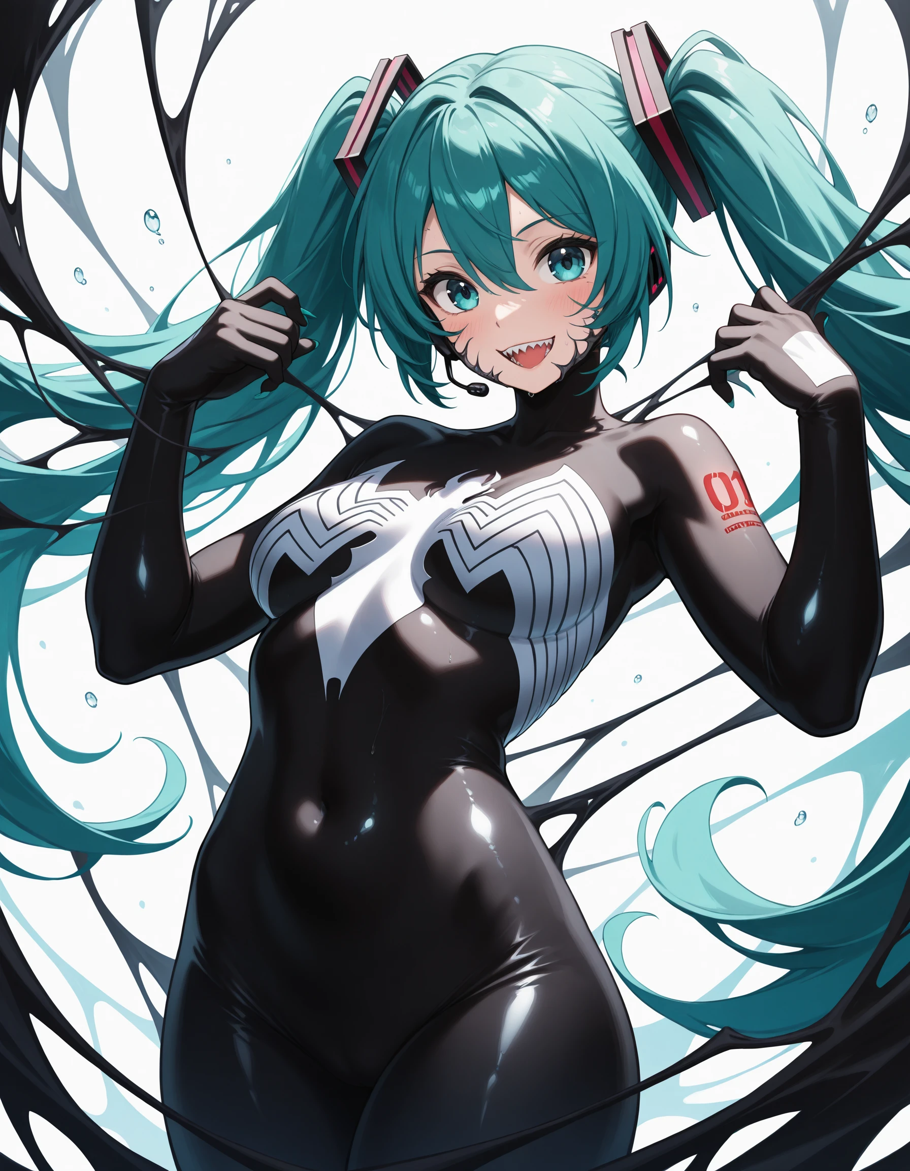 she venom, hatsune miku, black bodysuit, cowboy shot, 
 <lora:She Venom IL:1>