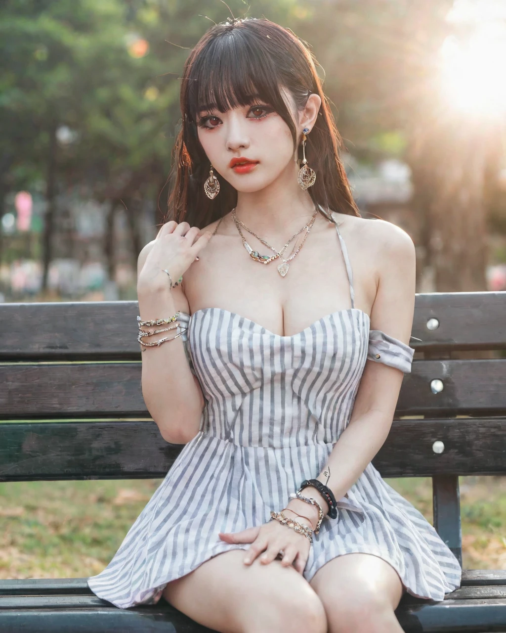 RAW,dynamic angle, sitting on a park bench,kpop idol,korea idol,1girl, ulzzang face,long hair,hair,make up,red lipstick,black eyes,air bangs,large breasts,bracelet,round earrings, blush,sexy,pose,posing,closeup,selfie, necklace,jewelry,shoulder strap dress, Natural sunlight shines on her body (depth of field,bokeh),  <lora:spo_sdxl_10ep_4k-data_lora_webui:1>,  <lora:add-detail-xl:1> ,  <lora:Breast_Size:-5>