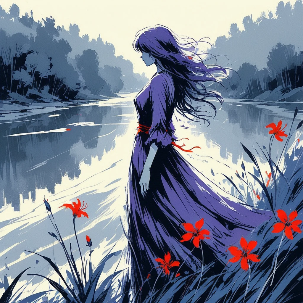 Special Ink-drawing mode, soft lighting with dynamic highlights.
intricate linework with expressive contrasts, vibrant and muted colors blend harmoniously, a woman with long purple hair in a dress with a red flower by the river bank, soft lighting with dynamic highlights