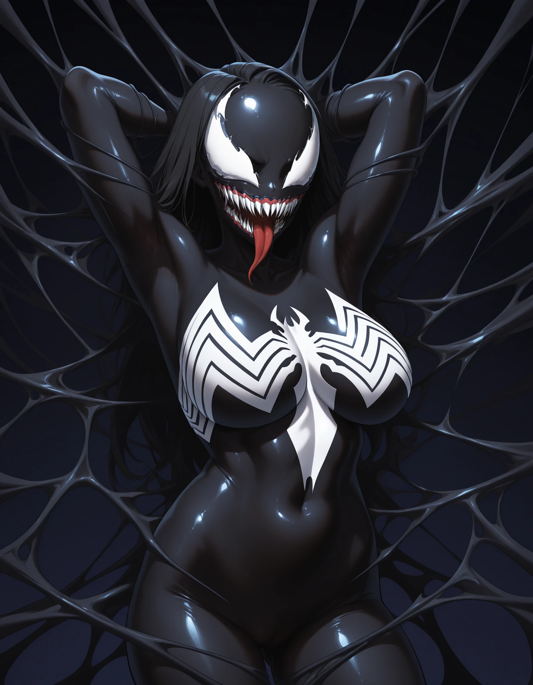 she venom, black bodysuit, cowboy shot, 
 <lora:She Venom IL:1>