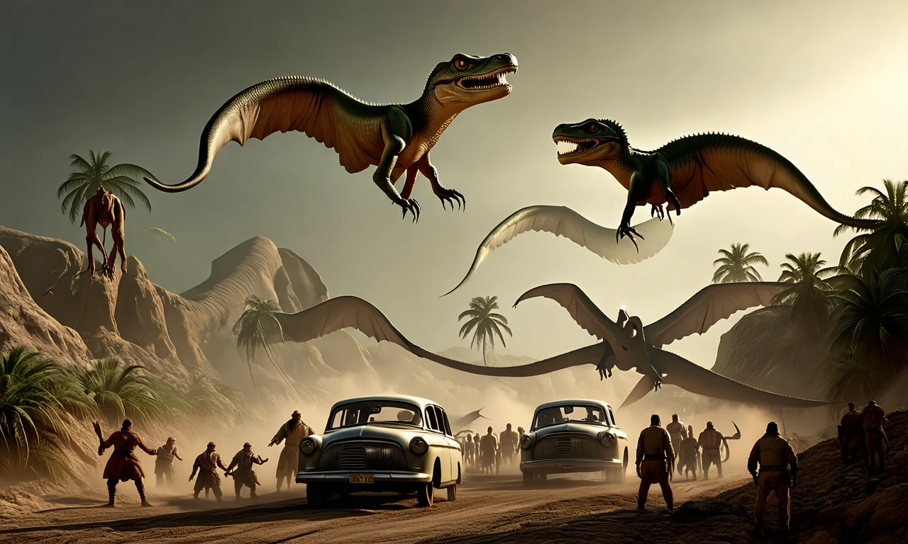 a prehistoric traffic jam scene, involving humans and flying reptiles, realistic rendering, historically detailed, dramatic lighting, cinematic quality