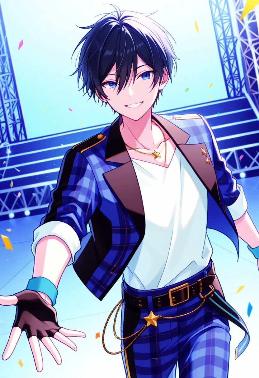 masterpiece, best quality, 
hokuthida, 1boy, male focus, solo, blue eyes, black hair, short hair, bangs, hair between eyes, trickstar uniform, jewerly, necklace, shirt, white shirt, collarbone, jacket, blue jacket, plaid jacket, open jacket, open clothes, sleeves rolled up, single glove, black gloves, fingerless gloves, wristband, belt, star (symbol), pants, blue pants, plaid pants, plaid, smile, happy
indoor, stage, confetti