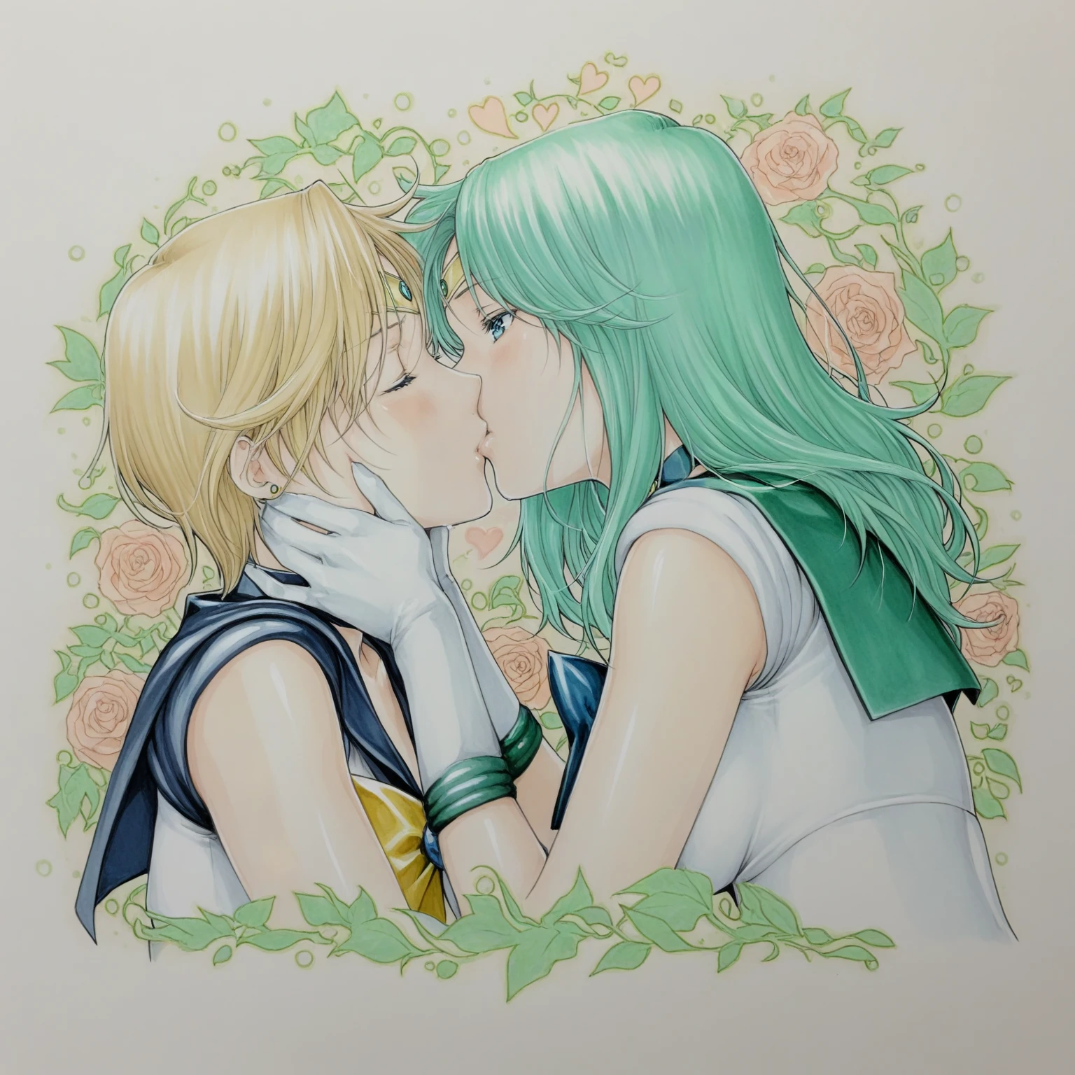 safe, masterpiece, very aesthetic, katsu, traditional media, pattern background, hearts, flowers
BREAK 2girls, sailor uranus, sailor neptune, shiny skin, yuri, kissing
 <lora:katsu_NAIXL_v11-000020:1>