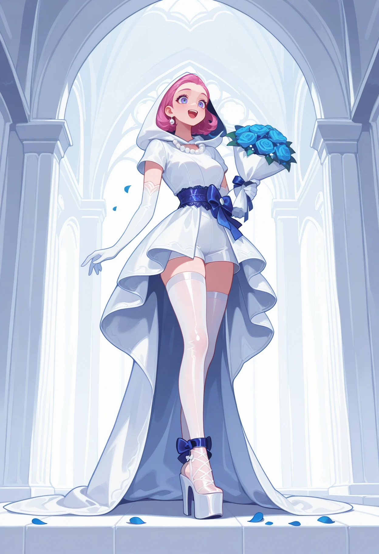 1girl, solo, seraphine \(league of legends\),  excited, short hair, <lora:AHMetGala-ILXL2025-01-06_20-46-30-save-546-42-0:0.8> white clothing, dr3ss, laces sash, hood, short sleeves, form-fitting, full body, platform heels, ankle bows, elbow gloves, shiny clothes, form fitting, cathedral, holding bouquet, falling petals, overskirt, lace,  pearl necklace, <lora:Style_shiiro-haiz-ai-ILXL:1> haiz_ai, no lineart,no outline, masterpiece, best quality, very aesthetic, newest